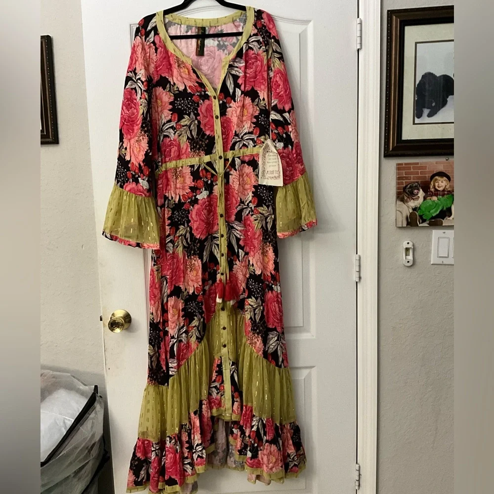 Aratta Silent Journey Black Maxi Dress with Pink Floral and Olive Trim maxi Sz - Picture 2 of 5